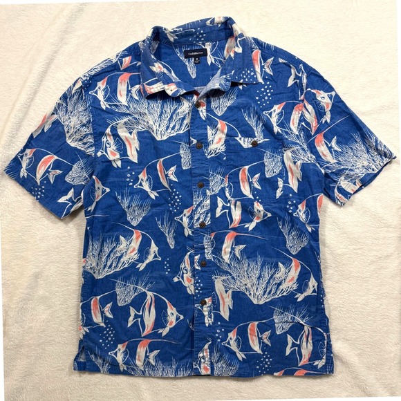 croft & barrow Other - Croft & Barrow M Buttoned Shirt Blue Cotton Tropical Fish Hawaiian Beach Summer